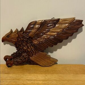 Hand-Carved Wooden Eagle Wall Art - Brown Tones El Salvador 3D Vintage